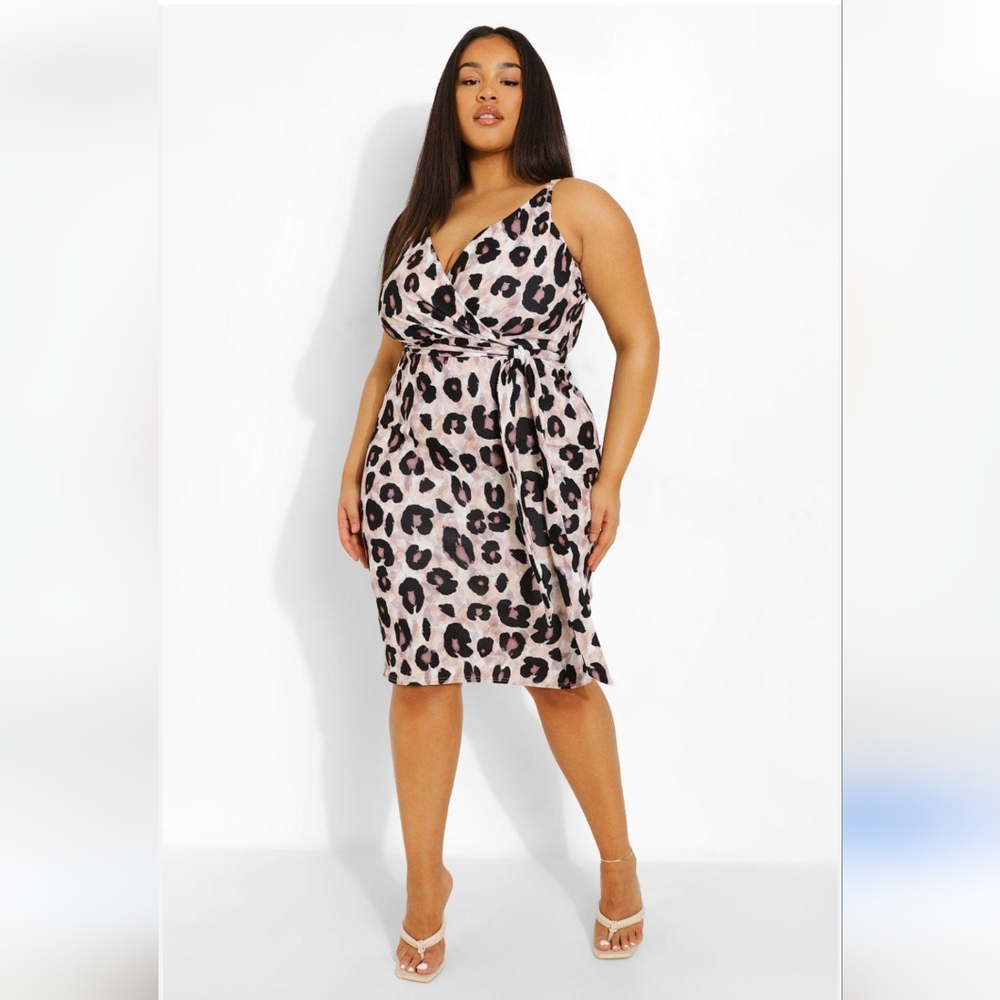 boohoo Plus Occasion Leopard Wrap Midi Dress
